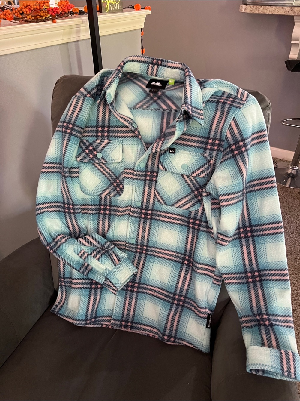 Quiksilver Blue & Pink Plaid Fleece Button-Front Shirt women’s size small